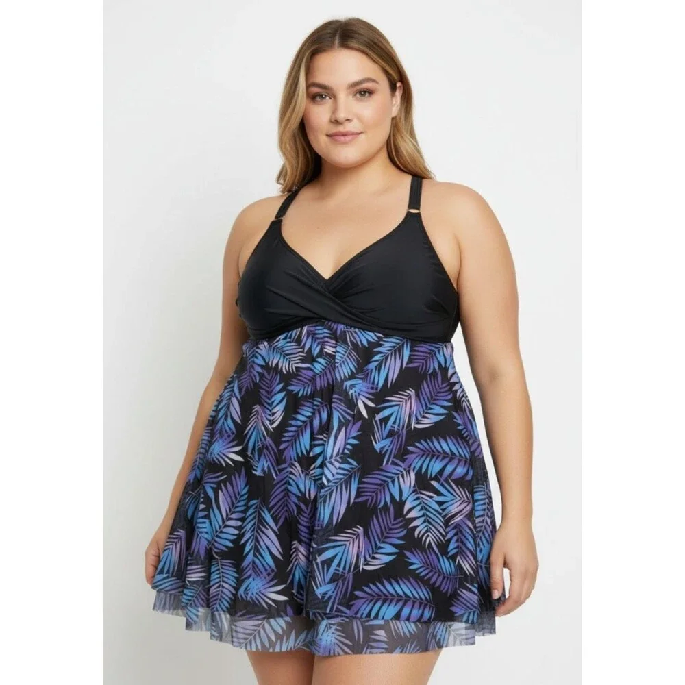 NWT Sothea Plus Size 20W One Piece Swim Dress Black Tummy Control Swimwear - Picture 1 of 9